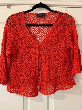 Karen Kane Crochet Knit Cardigan Sweater Women's Sz Small Red Orange Floral Boho